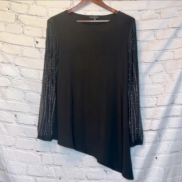 MARINA Tops - Marina Black Sheer Jeweled Long Sleeve Asymmetrical Hem Line Top Size 18 NWOT